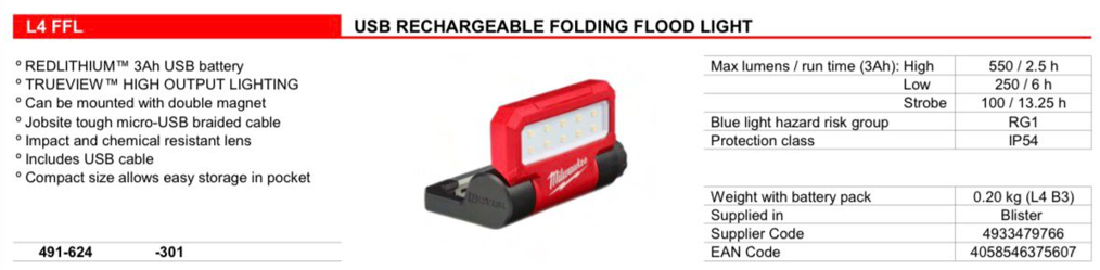 Milwaukee 4V 3.0Ah REDLITHIUM USB Folding Flood Light Kit - Forge and Bearing