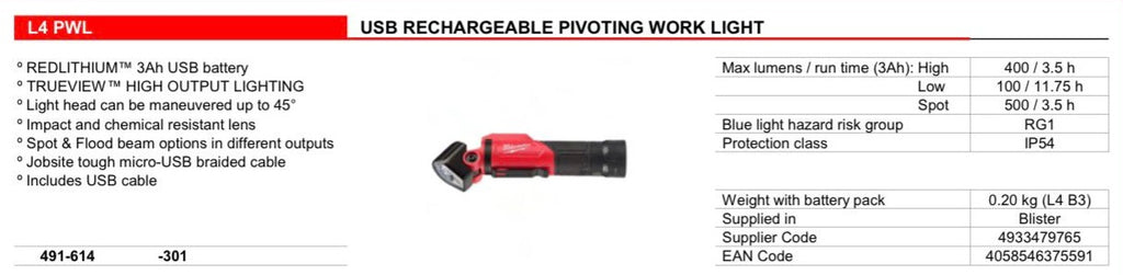Milwaukee REDLITHIUM™ USB Pivoting Work Light – 500 Lumens - Forge and Bearing